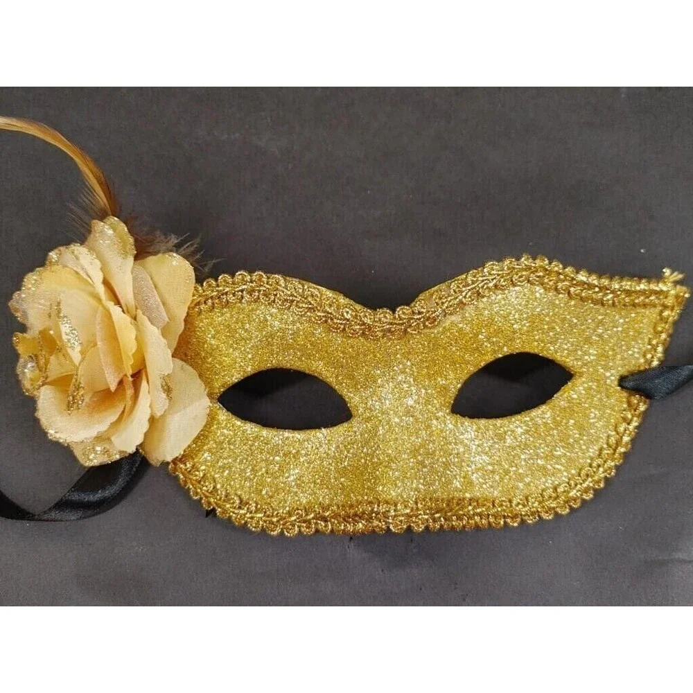 Venetian Carnival Side Feather & flower Gold Masquerade Mask Mardi Gras Party